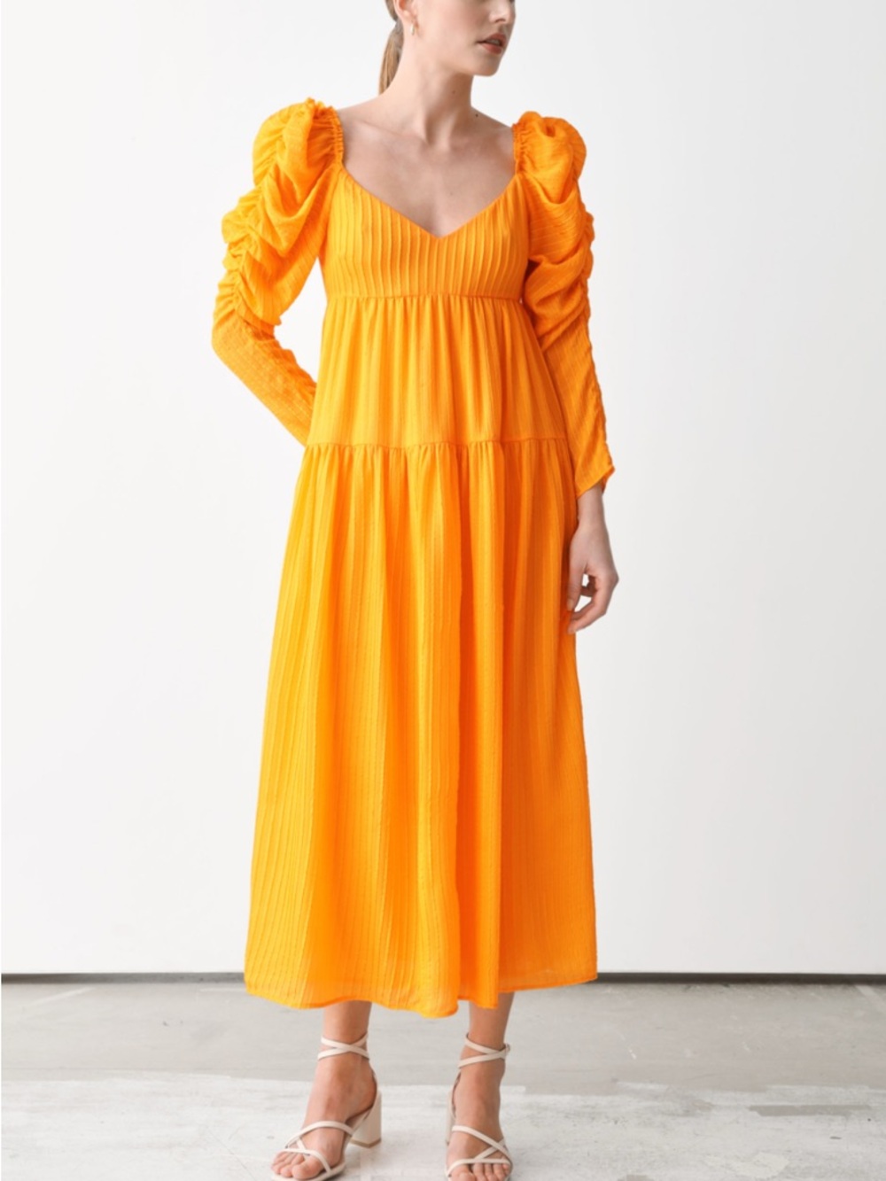 Rejina Pyo x Other Stories Silk Midi Dress Puff Sleeve Tiered EU 38